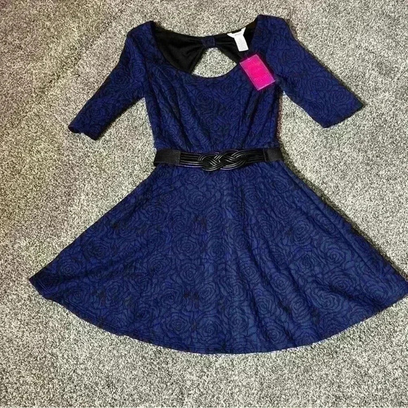 Candie's Juniors Double Knit Rose black and blue Skater Dress size Small - Picture 2 of 11